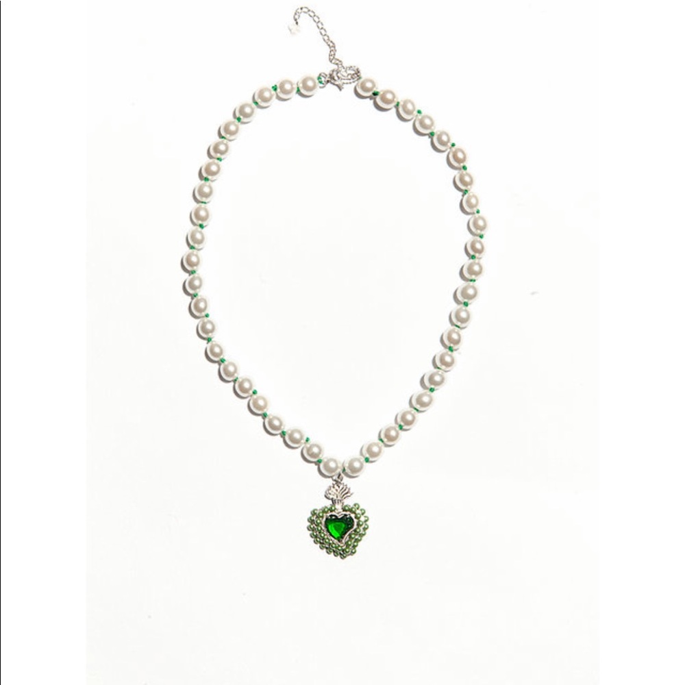 When Smoke Clears-Green Heart Pendant-White Pearls
